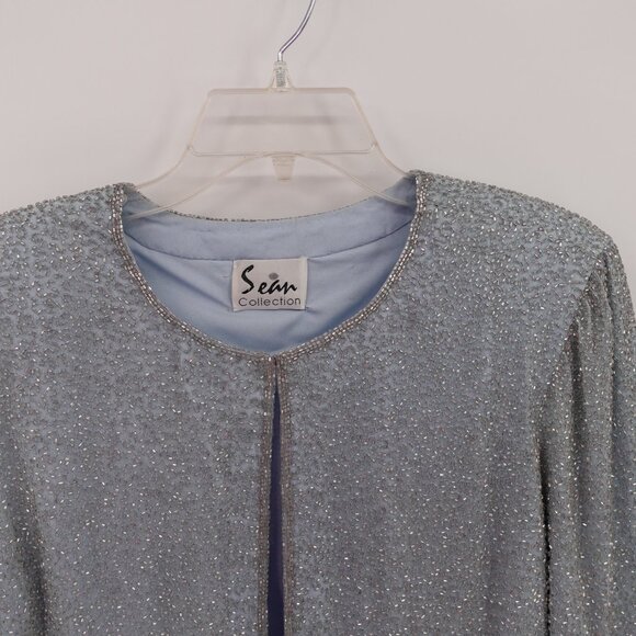 Vintage 100% Silk Beaded Jacket Baby Blue Large - Picture 5 of 11